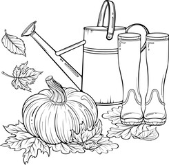 Autumn composition with metal watering can, fallen leaves, rubber boots and pumpkin. Garden still life. Vector illustration in hand drawn sketch style. Line art isolated on white for coloring book