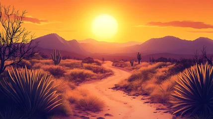 Selbstklebende Fototapeten Hochrot Desert sunset landscape with cacti and mountains  © Akkun