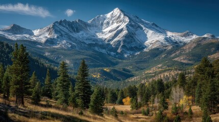 Fototapeta premium Majestic snow-capped mountain peak standing tall amidst lush green forest