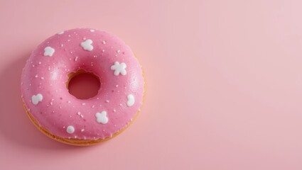 Delightful Pink Frosted Donut with Decorative White Flowers Set Against a Soft Pink Background