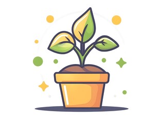 Modern Minimalist Green Plant Illustration: Vibrant Botanical Design with Seedling in Flowerpot for Cheerful Home Decor