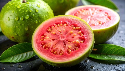 Close-up shot of vibrant pink guava fruit, halved to reveal juicy interior with seeds, surrounded by green leaves and water droplets, on a dark surface.