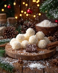 Christmas coconut truffles on a wooden board, festive scene