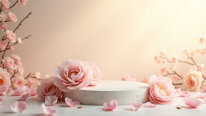 Elegant floral display featuring a white podium and soft pink blossoms for product presentation and decorative purposes