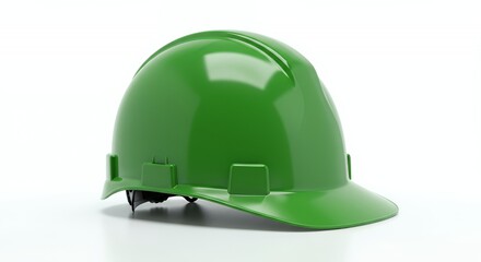 Glossy Green Protective Work Helmet at Eye Level on White Seamless Surface with Smooth Texture and Subtle Reflections