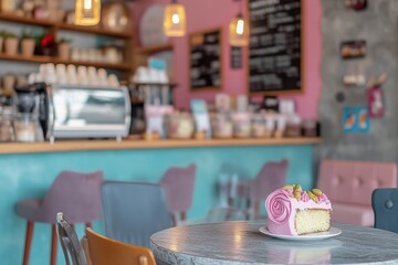 Charming Caf&eacute; Interior Featuring A Delicious Pink Cake On A Marbled Table, Perfect For Dessert Lovers And Aesthetic Food Photography In A Cozy Setting