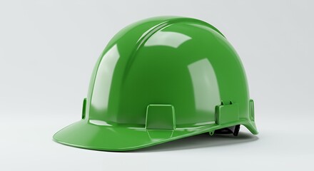 Glossy Green Protective Work Helmet on White Seamless Surface at Eye Level Studio Shot