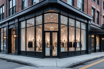 Fototapeta premium Stylish Urban Boutique Facade with Large Glass Panels and Contemporary Design
