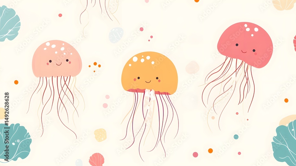 Poster smiling jellyfish floating in minimal cute outline