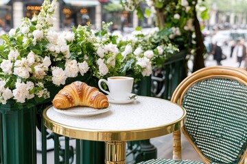 Charming café scene featuring a croissant, coffee, and blooming flowers on a balcony, inviting a leisurely moment in a picturesque urban setting