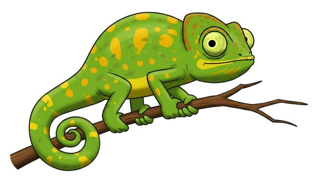 Cartoon Chameleon on Branch, Isolated Illustration