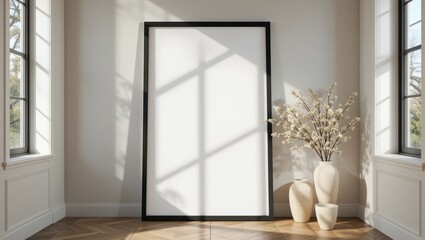 Empty Black Framed Canvas on White Wall with Natural Light and Shadow Play in a Modern Interior Space