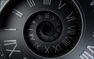 Matte Black Spiral Clock, Dark Time Concept Background