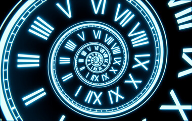 Glowing Neon Spiral Clock, Dark Time Concept Background