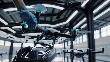 Fototapeta premium Engineer wearing protective gloves performing pre flight checks on delivery drone inside warehouse with multiple unmanned aerial vehicles, preparing for autonomous logistics operation