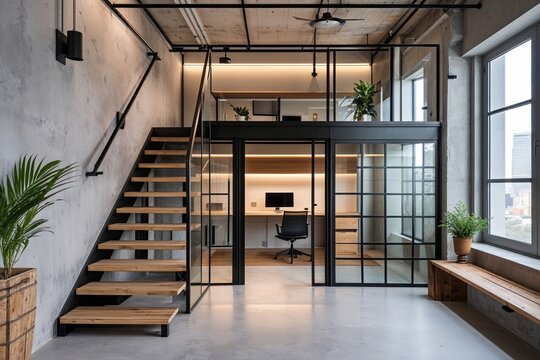 Chic Two-Story Small Industrial Minimalist Office Design Featuring Integrated Glass Elements