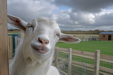 Charming Close-up of a Smiling Goat with Unique Expressions Posing on a Farm Against a Background of Lush Green Pastures and Dramatic Sky