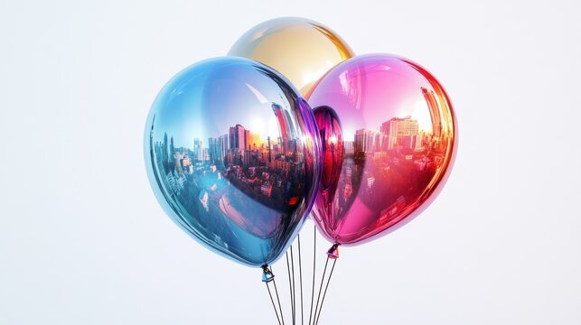 Colorful balloons reflecting a city skyline (3)