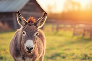Fototapeta premium Charming donkey in a serene rural setting with soft sunlight, showcasing a friendly expression among natural greenery, perfect for pastoral themes and animal portraits.