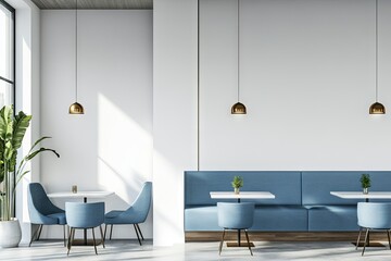 Modern cafe interior design with light blue accents.