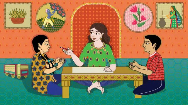 Mother and children discussing while studying 