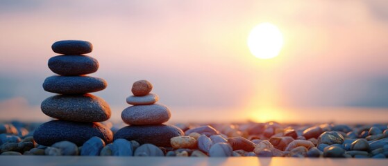 Serene Stone Stacks at Sunset Beach Peaceful Zen Balance Rocks Cairn Harmony Meditation Seaside Tranquility Still Life Coastal Scene