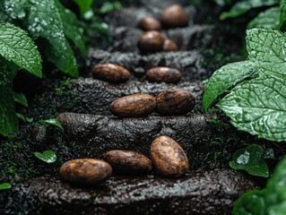 Obraz premium Dark, wet steps in lush jungle, with cocoa beans
