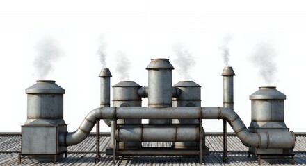 Industrial Rooftop Scene Featuring Weathered Metal Exhaust Systems Complete with Connecting Pipes and Support Structures Isolated on Clean White Background