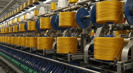 Industrial Spools of Golden Threads Winding on Machinery with Blue Accents on Isolated White Background