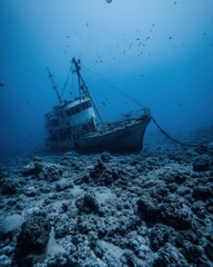 Shipwreck exploration in the deep blue sea; underwater photography of a sunken vessel surrounded by coral and fish in the ocean