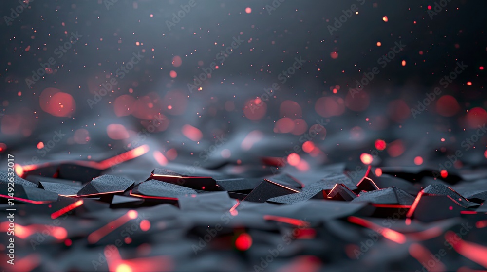 Poster abstract dark scene with fragmented shapes and glowing particles