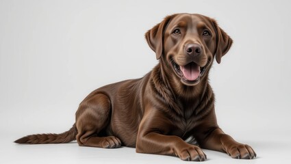 Fototapeta premium Happy Chocolate Labrador Dog Relaxing on White Background with Cheerful Expression
