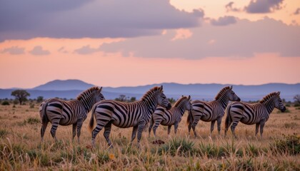 Herd of Zebras Standing Together on the Savannah Grassland During a Beautiful Sunset in Africa