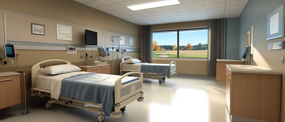 Bright hospital room with two beds and view of the countryside offering comfort