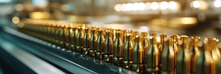 A close-up view of a row of shiny brass ammunition cartridges lined up in a manufacturing facility. showcasing precision engineering and the process of ammunition production