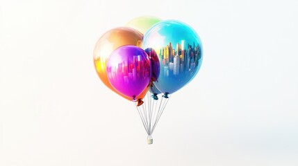 Colorful balloons reflecting city skyline