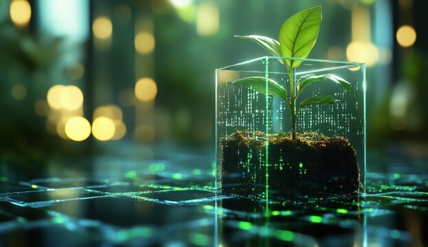 Small plant in a glass cube, digital code, vibrant colors
