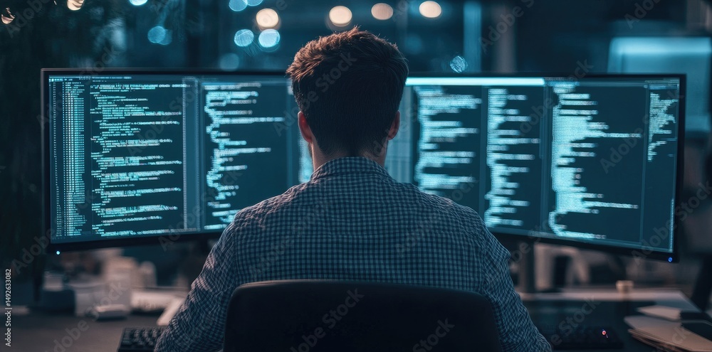 Poster a focused individual working late at night in an office. analyzing complex code on multiple screens.