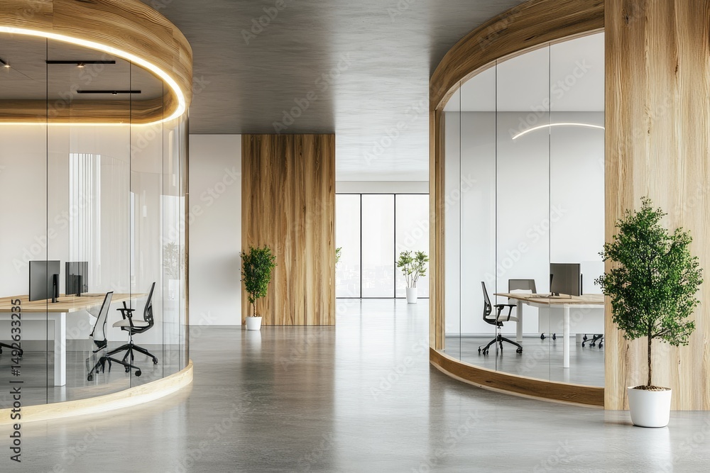 Poster modern office interior showcasing open workspace design with glass partitions. ergonomic furniture. 