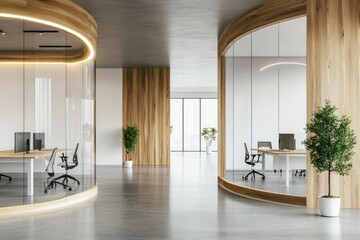 Modern office interior showcasing open workspace design with glass partitions. ergonomic furniture. and greenery. creating a collaborative atmosphere in a bright setting