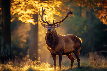 Generative AI image of wild elk deer scenic mountain forest view in summer cloudy sky and natural landscape