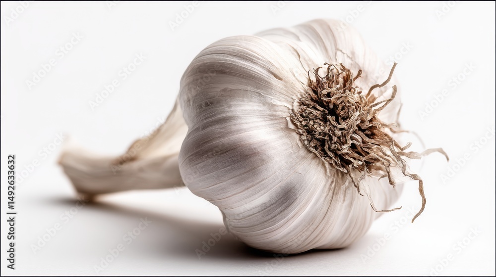 Poster close-up of a single garlic bulb on white background showing texture and detail in studio lighting f