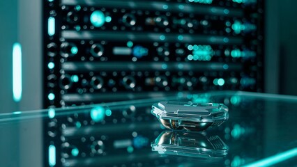 Professional engineer wearing white lab coat working with advanced holographic interface on glass table inside high tech server room. Exploring futuristic digital technology and network connectivity