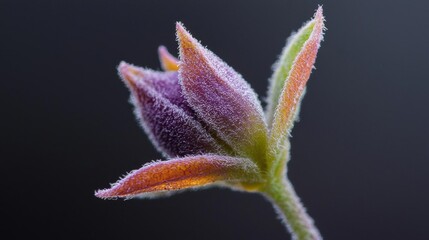 Close-up of a flower bud. the bud is in the center of the image and is a deep purple color. the petals of the bud are elongated and have a pointed tip.