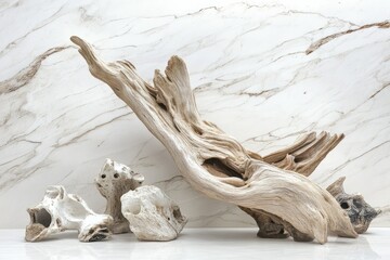 Fototapeta premium Driftwood sculpture on marble background, minimalist decor, natural elements.