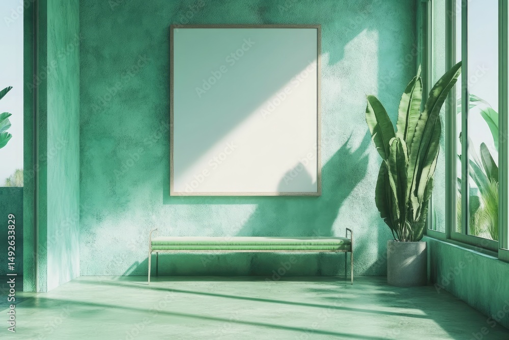 Aufkleber a serene. minimalist interior featuring a vibrant green color palette. with a large empty frame on t