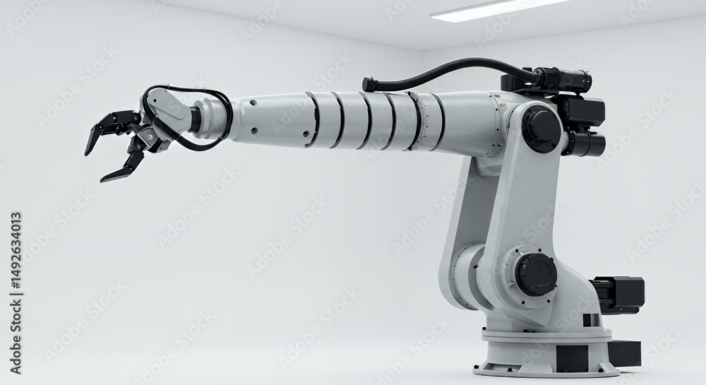 Poster light grey industrial robotic arm with segmented design isolated on white background featuring artic