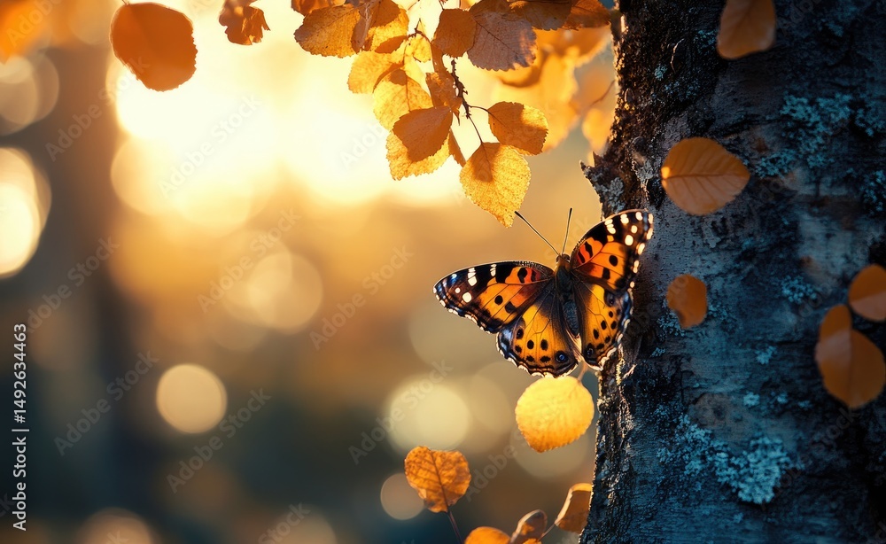Aufkleber a delicate butterfly perched on vibrant autumn leaves. illuminated by soft golden sunlight. creating