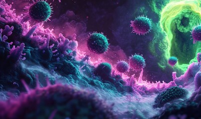 Obraz premium Vibrant microscopic view of cells and viruses, with glowing neon colors