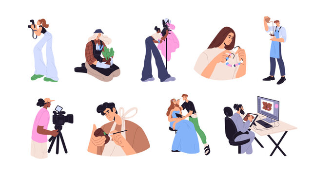 Set of different creative works, professions, hobbies. Artists create art, photos, fashion, makeup, paintings. Artisans, creators are painting, gardening. Flat isolated vector illustrations on white